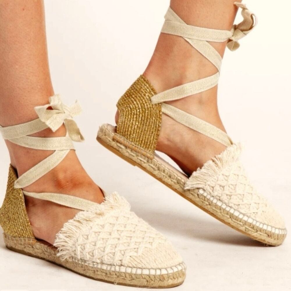 Free People Vida Espadrille Wrap Sandal Cream and Gold Size 6